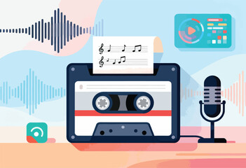 A retro cassette tape with musical notes, waveform, microphone, and audio interface in a flat design illustration