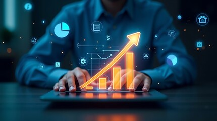 Businessman analyzing a glowing orange bar graph showing positive growth on a digital tablet with futuristic icons.