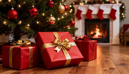 Red Christmas Gifts Under a Decorated Tree Near a Fireplace with Stockings