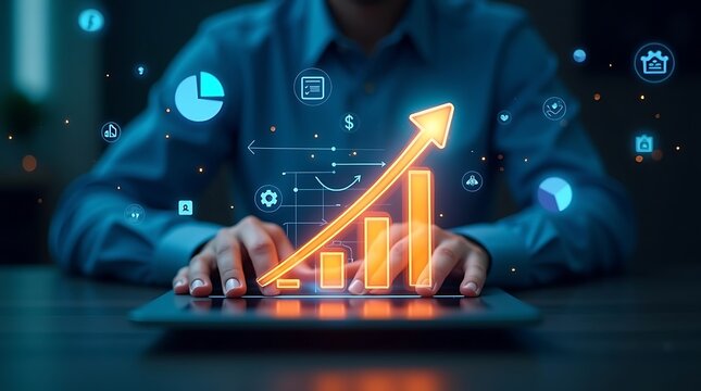 Businessman analyzing a glowing orange bar graph showing positive growth on a digital tablet with futuristic icons. - Powered by Adobe
