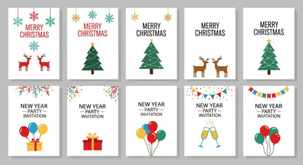 Obraz premium A collection of vector greeting card templates for Christmas and New Year party invitations with flat design elements