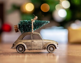 Choinka na dachu drewnianego samochodu - zabawki. Symbol Bożego Narodzenia