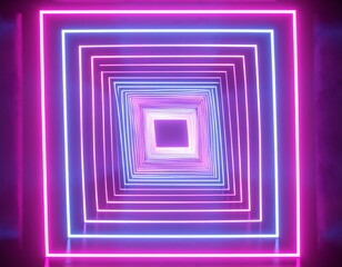 A series of glowing square neon lights, creating an optical illusion tunnel of color and depth