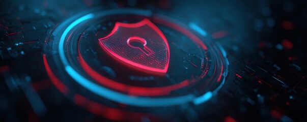 Futuristic red shield icon with keyhole, set against glowing blue circular interface