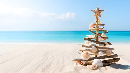 Unique seashell and driftwood Christmas tree on a serene tropical shoreline