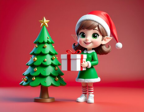 Ubrany na zielono elf stoi obok choinki trzymając w dłoniach prezent