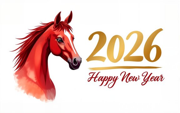 Watercolor illustration of a red horse head next to golden brush strokes and elegant gold “2026” typography with “Happy New Year” text, set on a white background for festive and refined holiday design