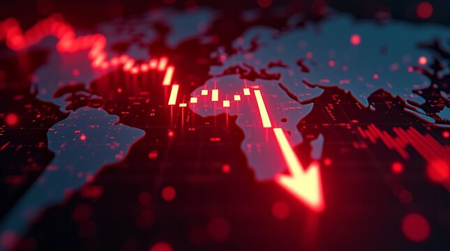 Global economic recession concept with a red downward arrow and chart over a world map.