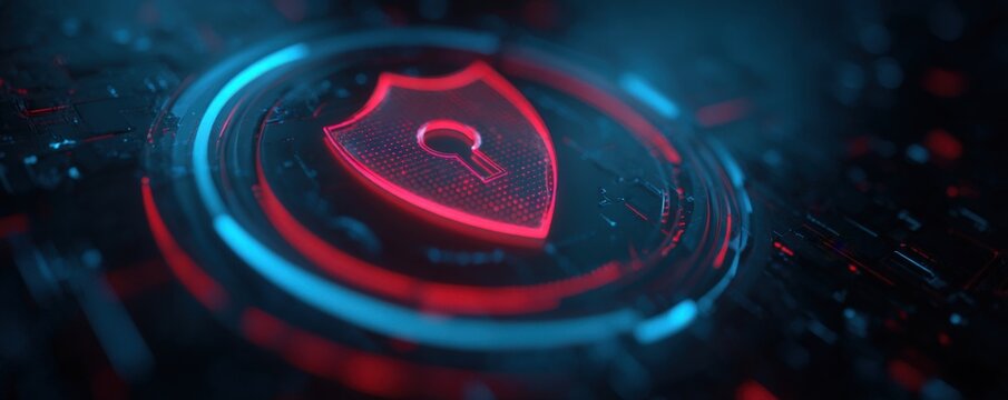 Futuristic red shield icon with keyhole, set against glowing blue circular interface