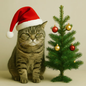 Grumpy tabby cat wearing santa hat next to a small christmas tree