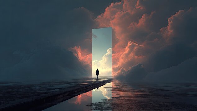 A solitary figure walks through a portal in a surreal landscape