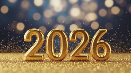3d illustration of golden 2026 numerals on a glittery surface against a bokeh background, symbolizing the upcoming year with festive elegance and anticipation for future events
