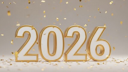 3d illustration of golden 2026 new year celebration with confetti isolated on white background, symbolizing hope and prosperity for the upcoming year with festive elegance
