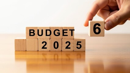 3d illustration of budget 2026 concept with wooden blocks displaying budget 2025 and a hand adding 6, symbolizing financial planning and future fiscal year isolated on white background