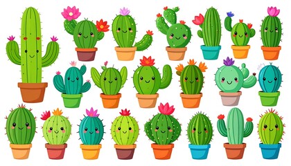 Cheerful cartoon cacti in pots, with varied shapes, sizes, and colorful flowers, on a white background