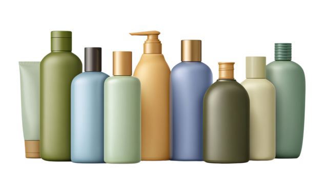 Isolated blank white plastic cosmetic bottle with spray cap and wine glass