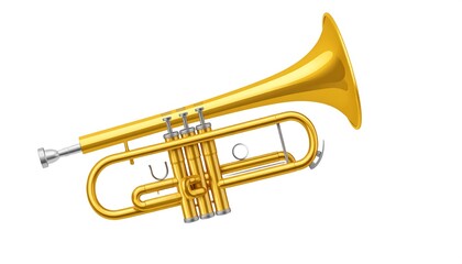 Fototapeta premium A shiny, golden brass instrument, a trumpet, is positioned diagonally, isolated against a white background. It's rendered with great detail