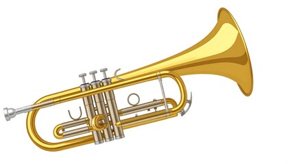 Fototapeta premium A shiny, golden brass instrument depicted at a slight angle. It has valves, a mouthpiece, and a flared bell