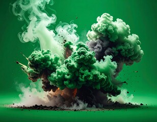 An explosive display of green and gray smoke against a vivid green backdrop. Dynamic composition with swirling forms