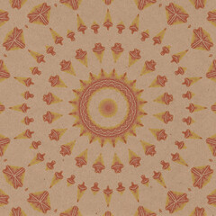 Watercolor red abstract circular pattern with symmetrical mandala design. Vintage decorative background. Hand-painted watercolor motifs on textured recycled kraft paper. A bohemian style pattern.