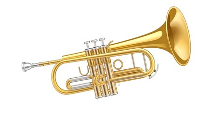 Fototapeta premium A shiny, golden brass instrument, viewed from a slightly angled perspective. It's rendered with a smooth, reflective surface against white