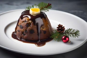 Traditional Christmas pudding with chocolate glaze and decorations  