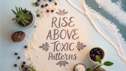 Flat lay of pale powder with inspirational quote and berries