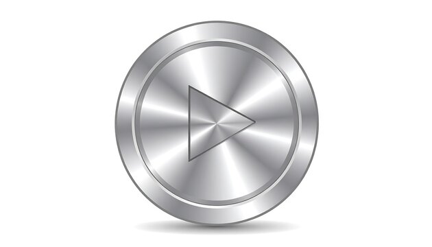 A shiny metallic circular button, resembling a play icon. It features concentric circles and a triangle, sitting on a white background
