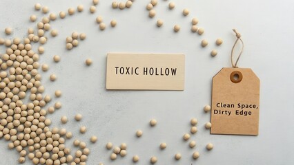 Flat lay of toxic hollow label and scattered particles