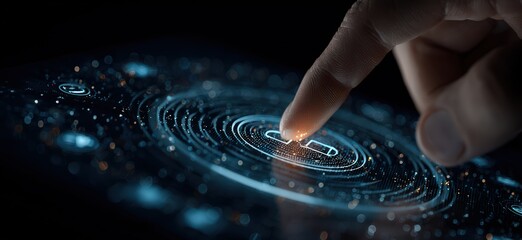 Close-up of a finger interacting with a glowing digital interface with concentric circles