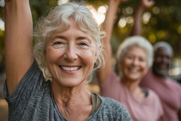 Active Senior White Woman Smiling During Outdoor Group Exercise in Warm Sunlight