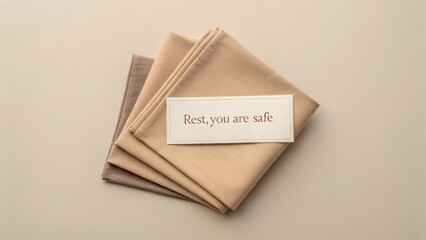 Folded Beige Napkins with a Quote About Rest and Safety