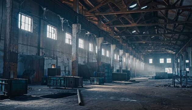 Abandoned industrial warehouse interior with dusty windows and debris.