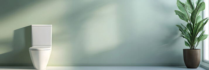 Modern Minimalist Bathroom with White Toilet and Large Potted Plant