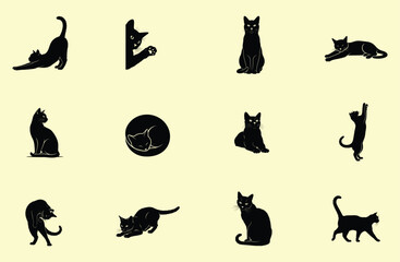 Stylized cat illustration set in vector format with black color