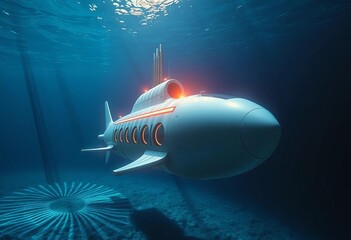 Obraz premium Sleek, futuristic submarine submerged in deep ocean, surveillance, submarine
