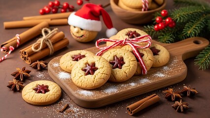 Fototapeta premium Christmas cookies with star shaped jam on a wooden board with cinnamon sticks and anise stars around it
