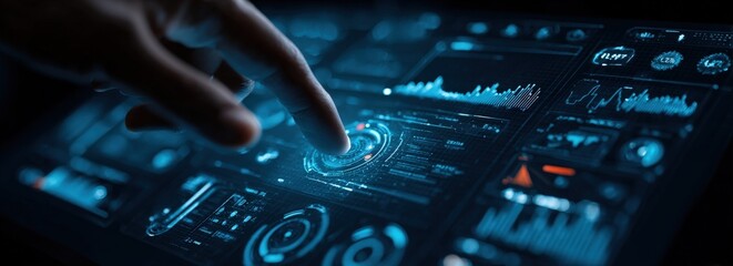 Finger interacts with futuristic digital interface displaying charts and graphs