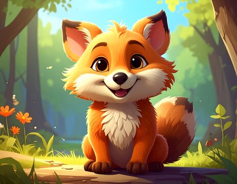 Adorable cartoon fox sits in a sunny forest, grinning with bright eyes and fluffy tail, evoking a cheerful scene - Powered by Adobe