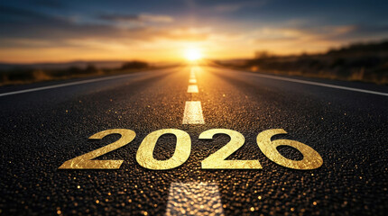 Golden 2026 year written on an asphalt road highway at sunset. Future success and new beginning concept with sun rising on the horizon.
