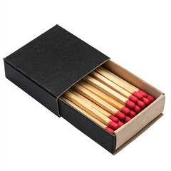 A black box filled with wooden matches stands open, showcasing red-tipped match heads isolated on transparent background