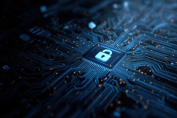 Illuminated digital lock symbol on a futuristic circuit board