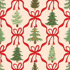 Retro Christmas fir tree preppy coquette bows winter holiday vintage seamless pattern wrap, textile