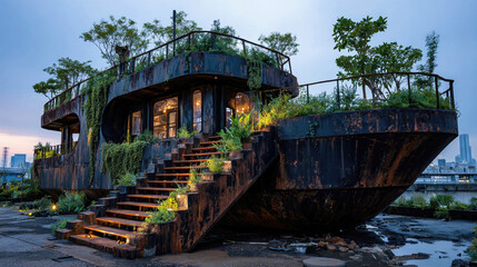 Abandoned industrial ship transformed into lush urban garden structure