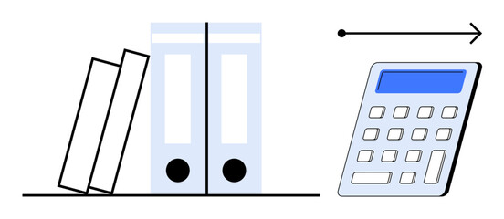 Stacked files next to a calculator with an arrow indicating progress or calculation flow. Ideal for finance, accounting, productivity, analysis, education, organization, budgeting. Simple flat