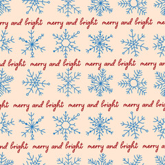 Retro Christmas, New Year seamless pattern, snowflake, text, merry and bright, fabric wallpaper