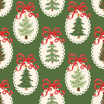 Retro Christmas fir tree preppy coquette bows winter holiday vintage seamless pattern wrap, fabric