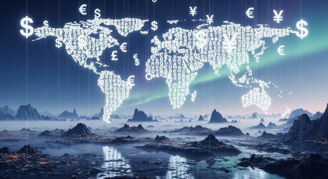 Global Financial Markets World Map Digital Currency Symbols Overlay. - Powered by Adobe