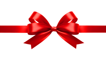 Luxurious red satin ribbon bow tied in the center of a horizontal band isolated on transparent background