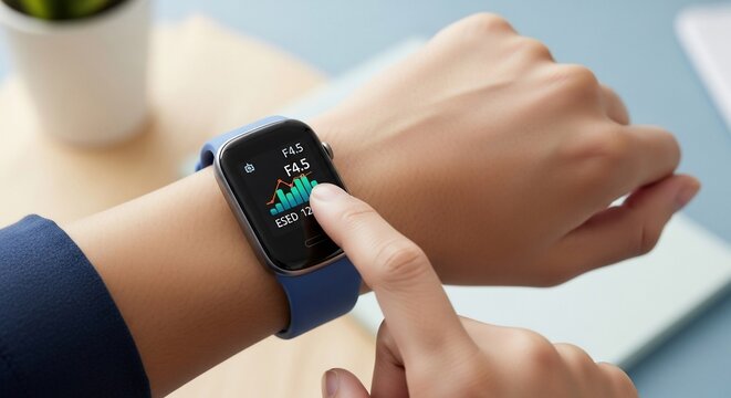 Person Interacting with Smartwatch Displaying Health Data on Wrist. - Powered by Adobe